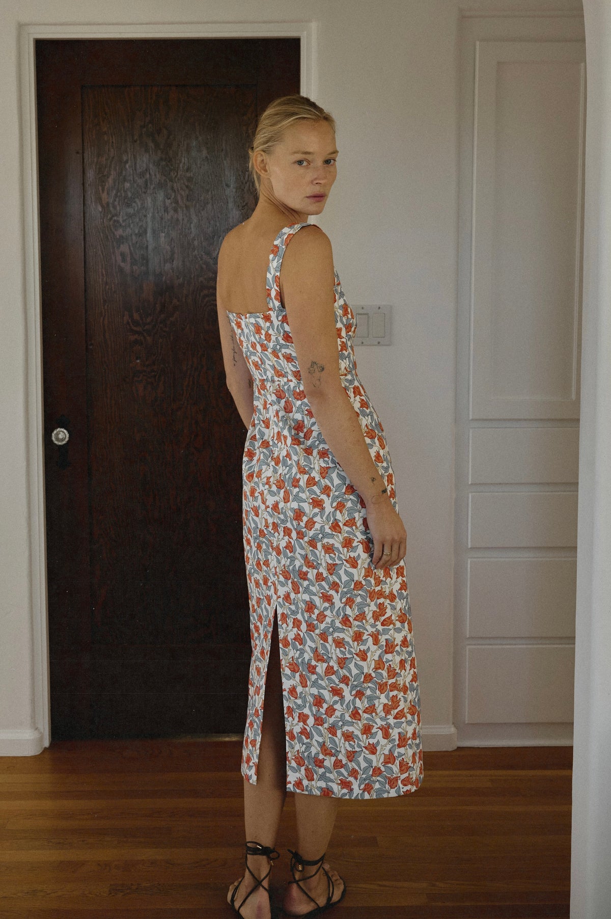 Long Slip Dress in Red Bougainvillea