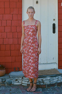 Long Slip Dress in Red with Pink Floral