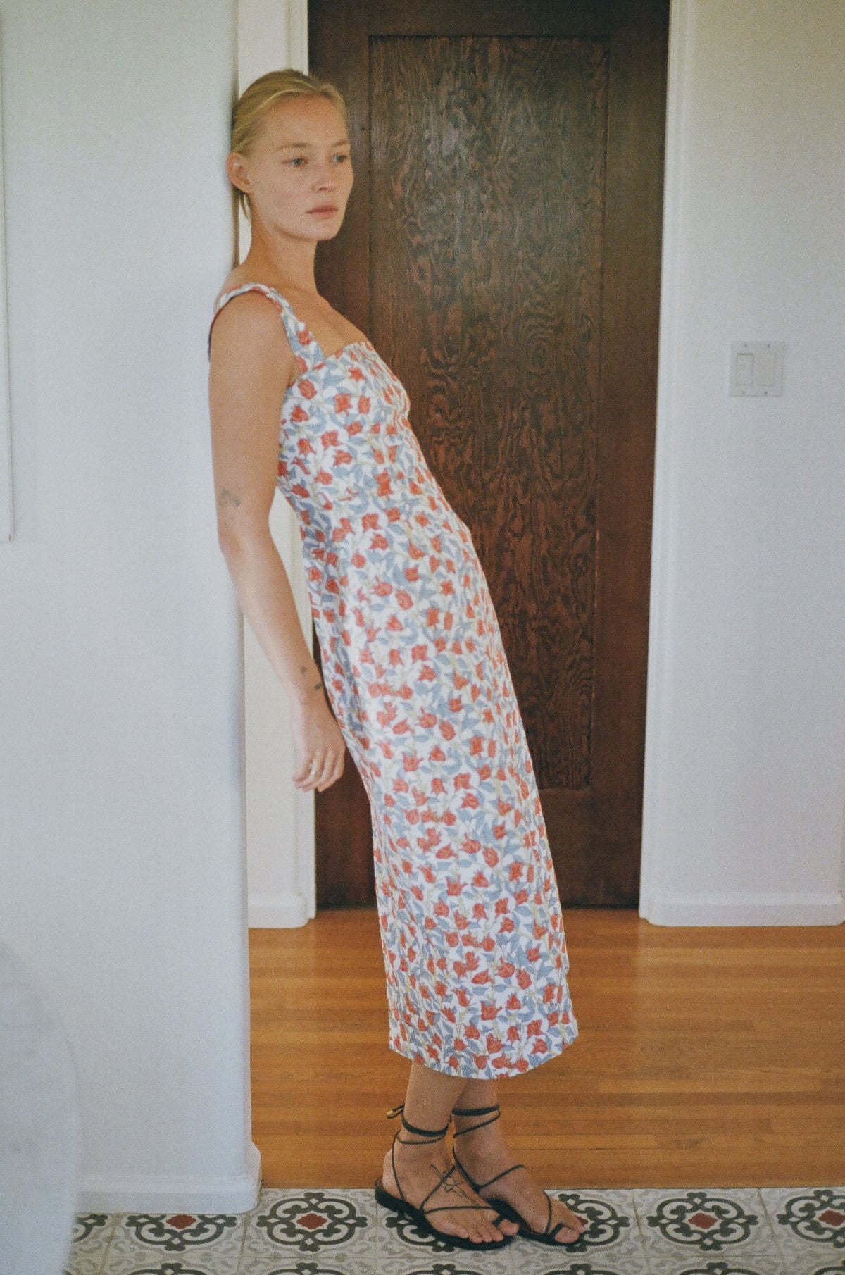 Long Slip Dress in Red Bougainvillea