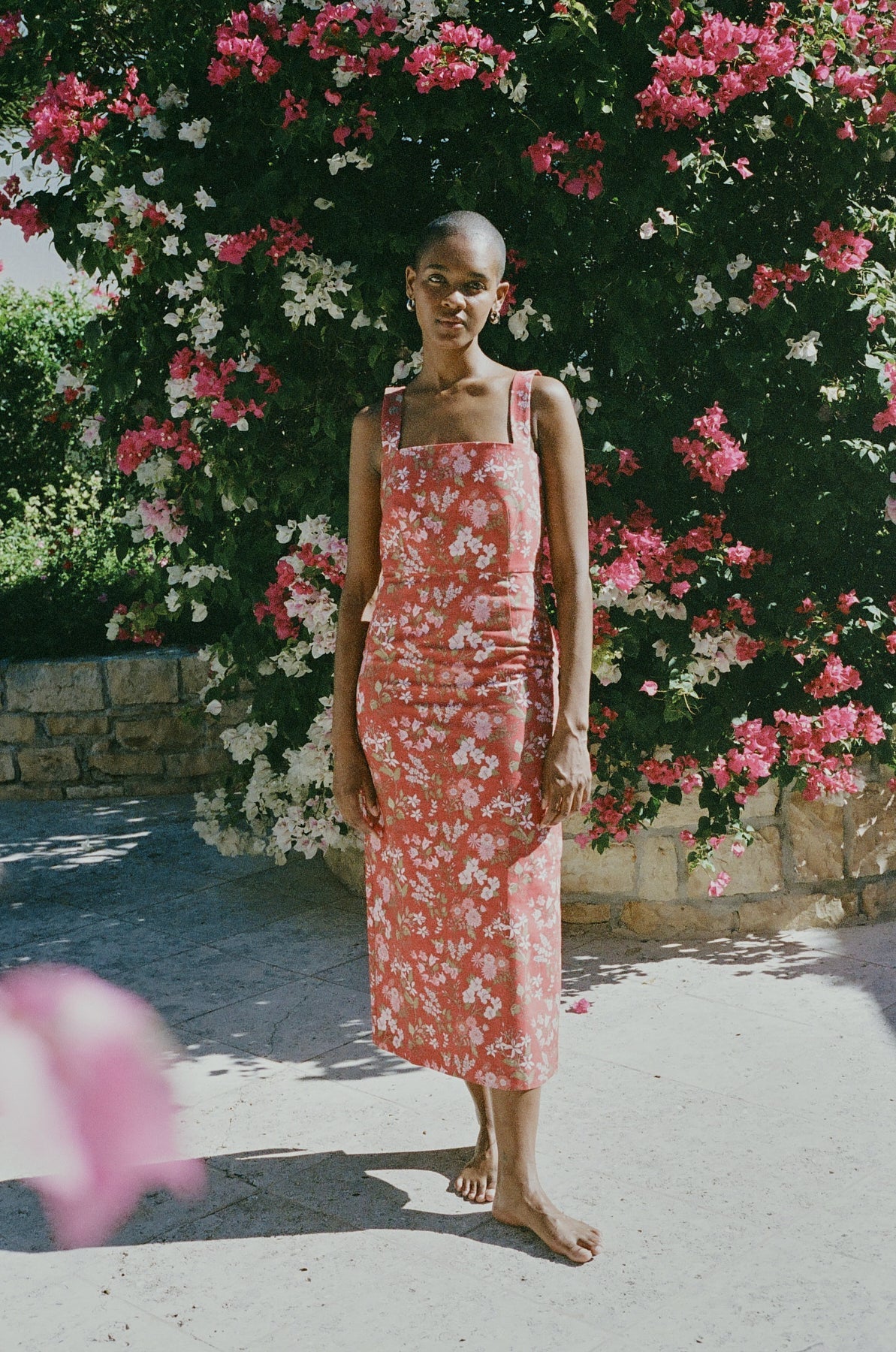 Long Slip Dress in Red with Pink Floral