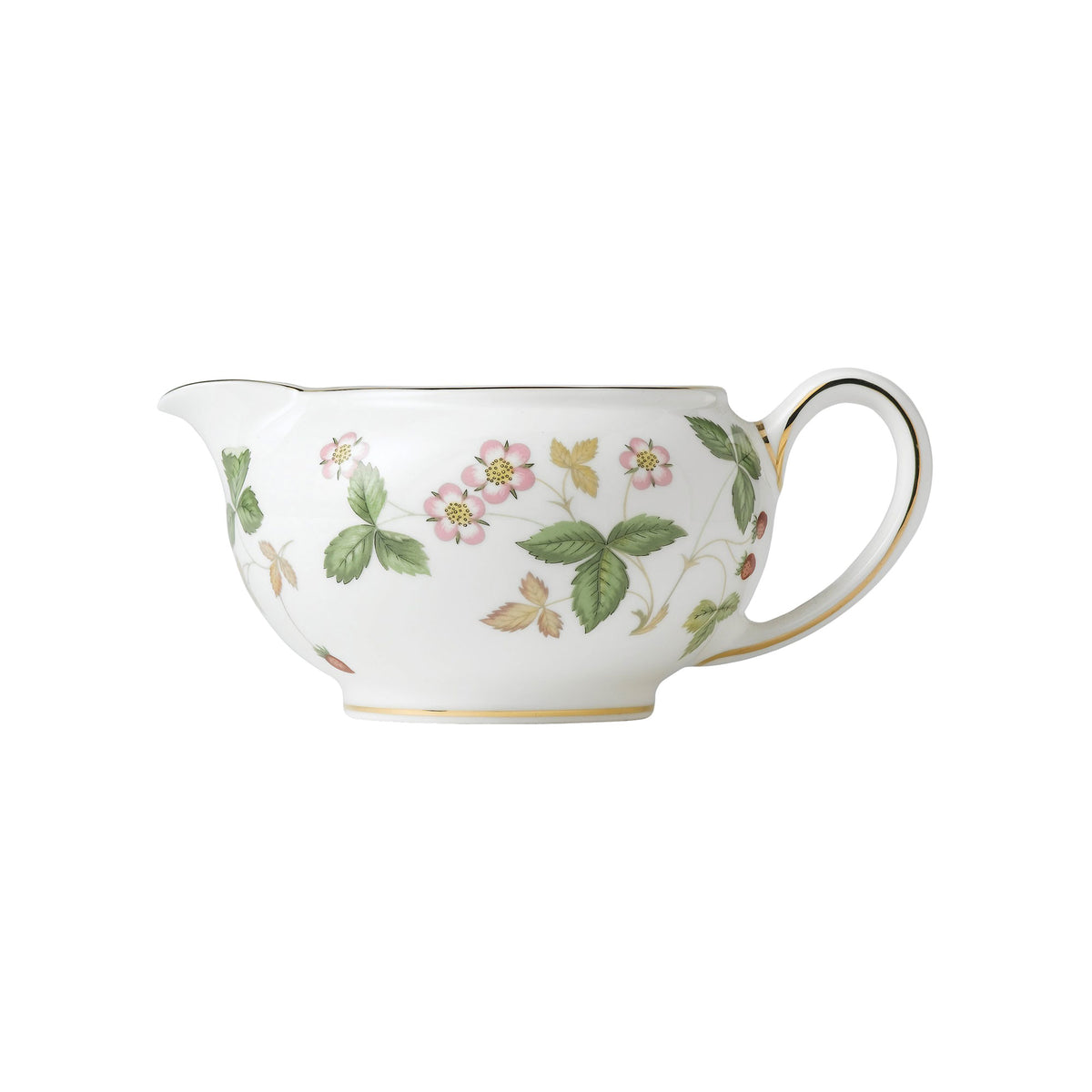 Front view of Wild Strawberry Creamer 146 showcasing its iconic gold rim and finely drawn leaves and flowers with a white background