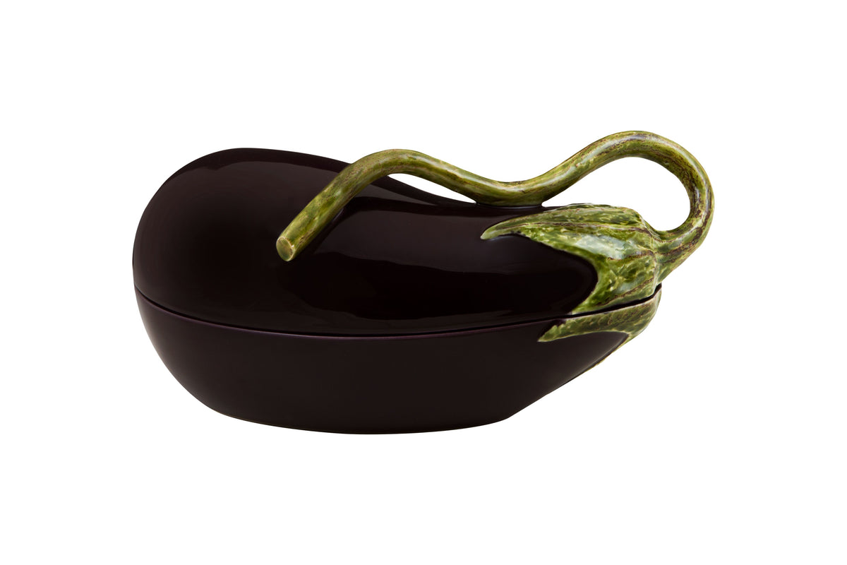 Side view of Aubergine Box showcasing its glossy eggplant shape and green stem on a white background