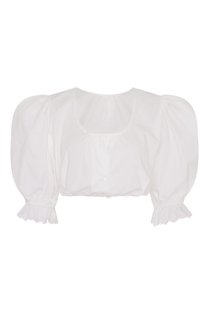 Front view of the Ella Dirndl Blouse with three quarter length puff sleeves and lace embellished cuffs on a white background