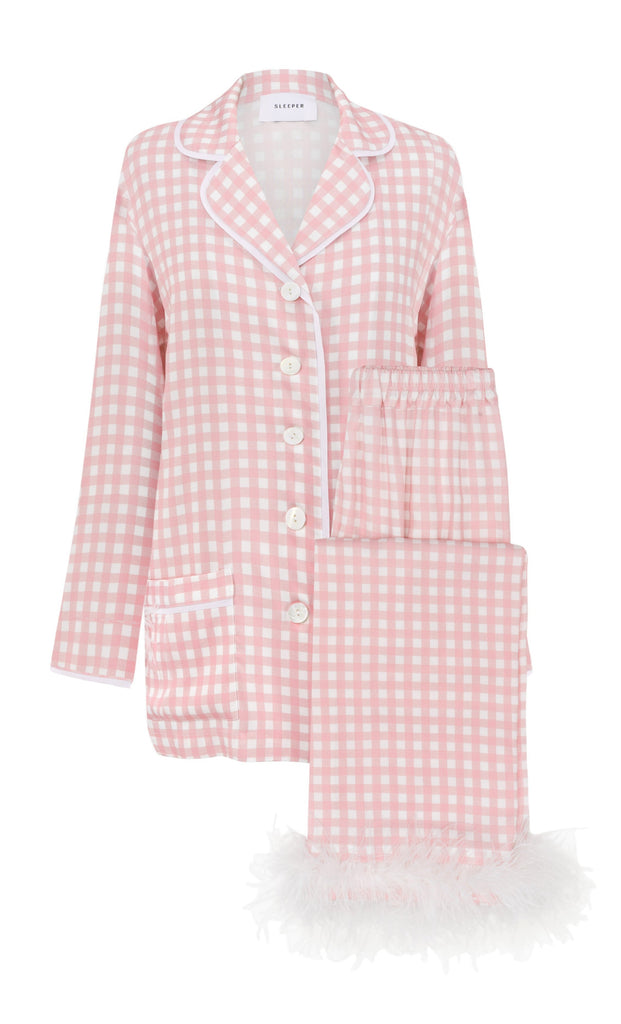 Party Pajama Set with Feathers in Pink Vichy