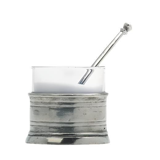Front view of Salt Cellar with Spoon showcasing pewter and glass construction on a white background