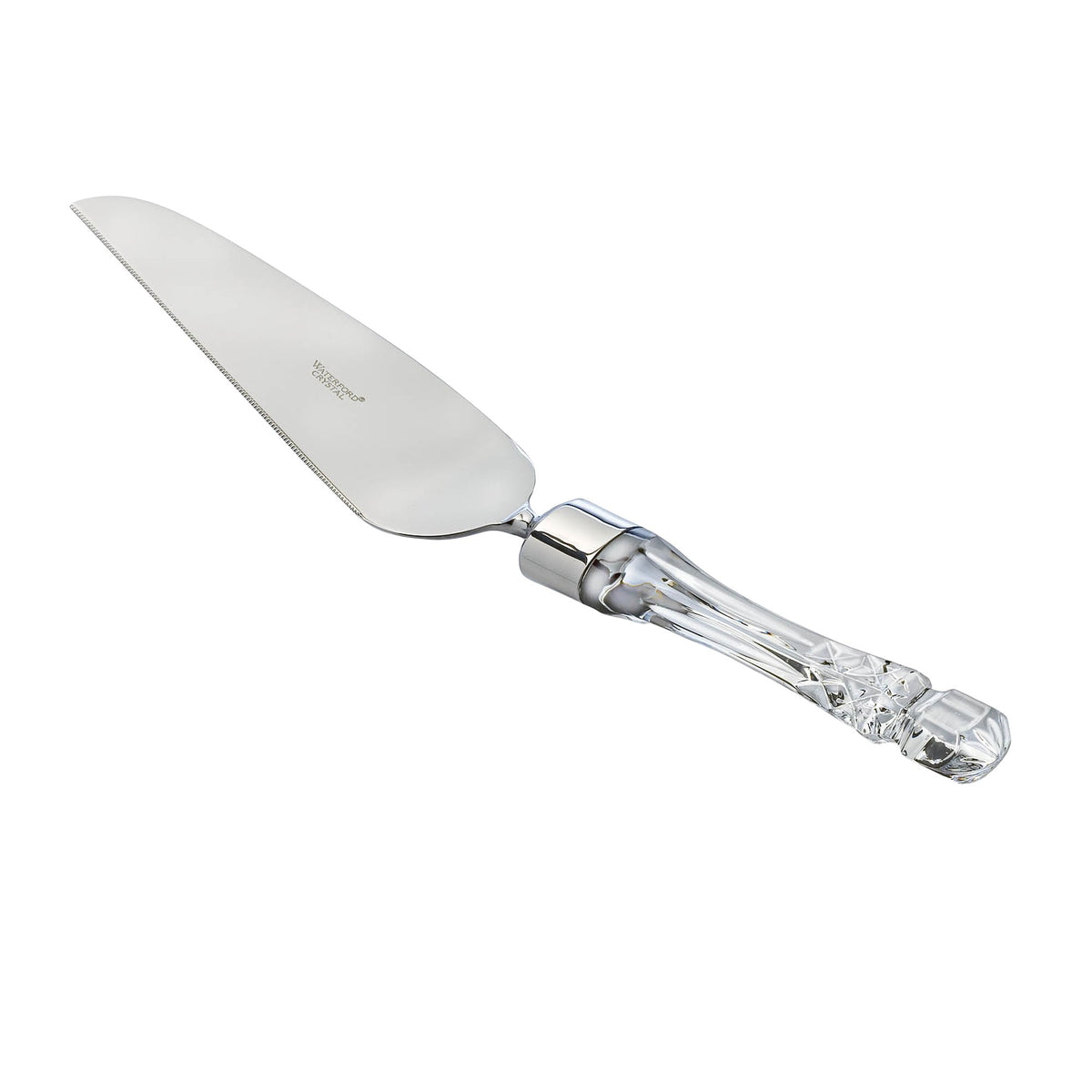 Angled view of Lismore Offset Pie Server showcasing crystal handle and serrated edge on white background