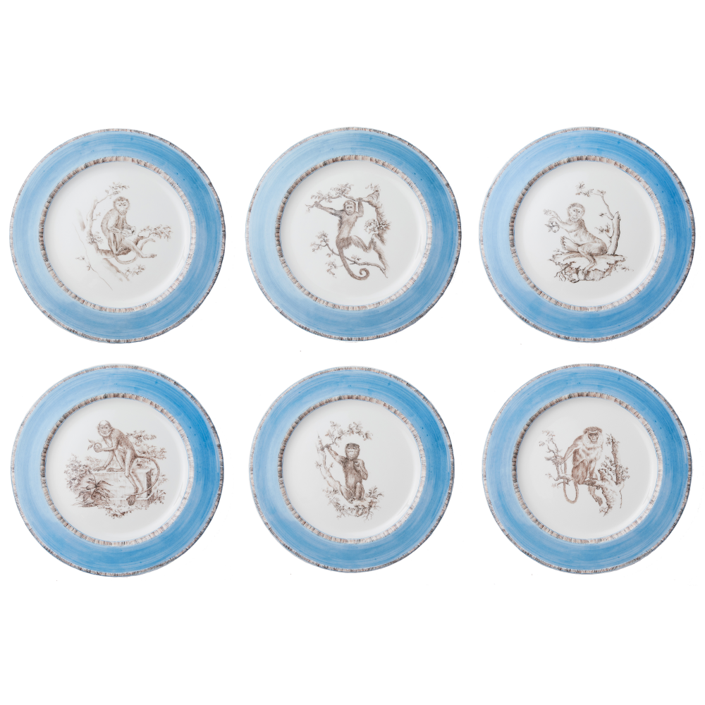 Blue Monkey Dessert Plates, Set of 6