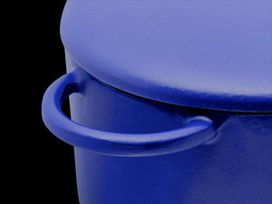 Enameled cast-iron Dutch oven in blueberry blue - handle close-up