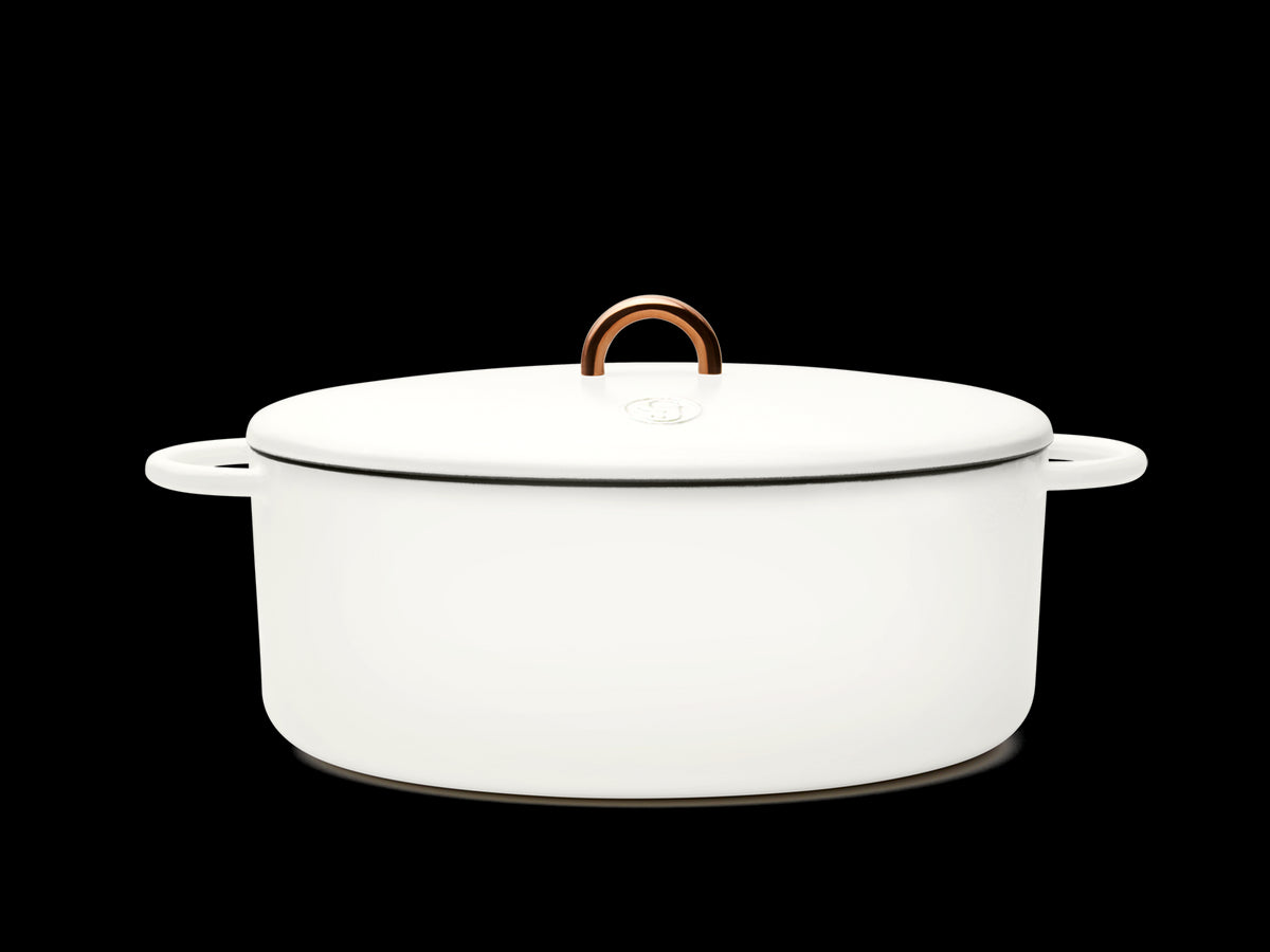 Enameled cast-iron Dutch oven in salt white - side view with lid