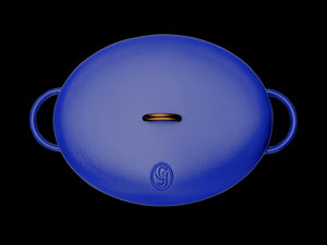 Enameled cast-iron Dutch oven in blueberry blue - top down view with lid
