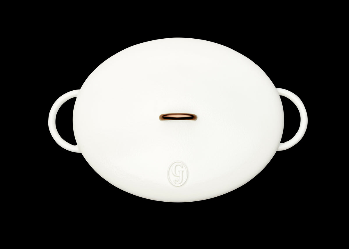 Enameled cast-iron Dutch oven in salt white - top down view with lid