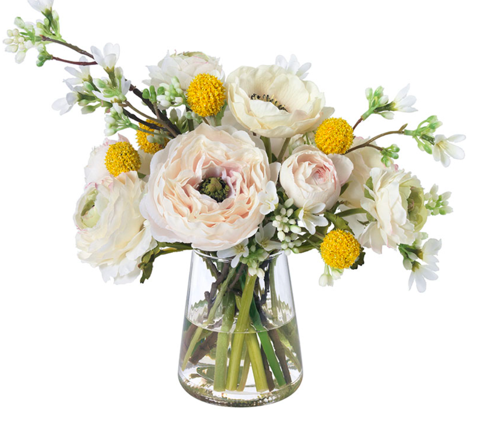 ANEMONES AND RANUNCULUS IN GLASS VASE