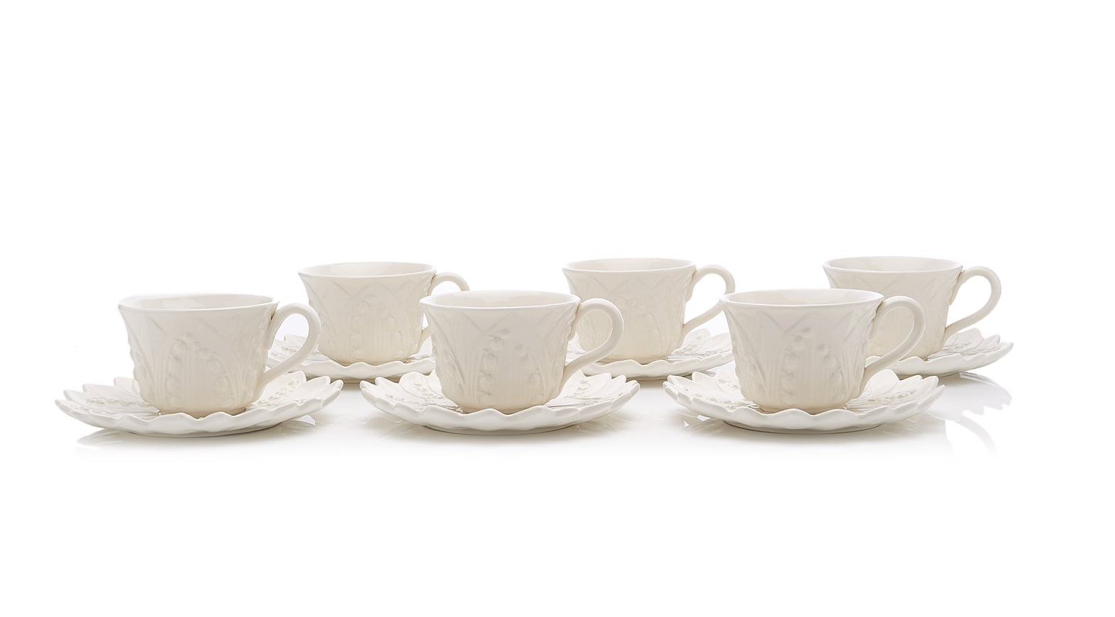 Set-Of-Six Lily Of The Valley Ceramic Breakfast Cup and Saucer