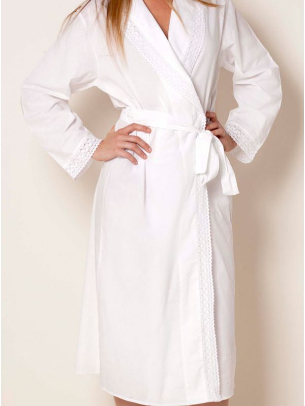 Long Sleeve Cotton Bathrobe with Lace Detail