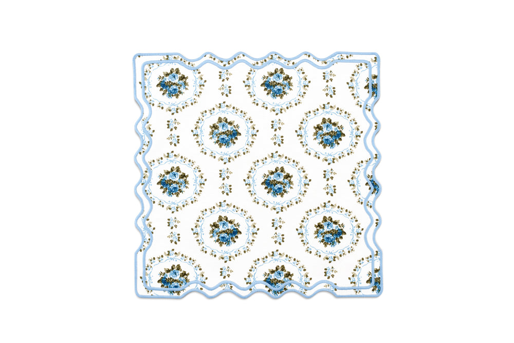 Elodie Placemat and Napkin Set with Bows and Florals in Green with Light Blue Embroidery