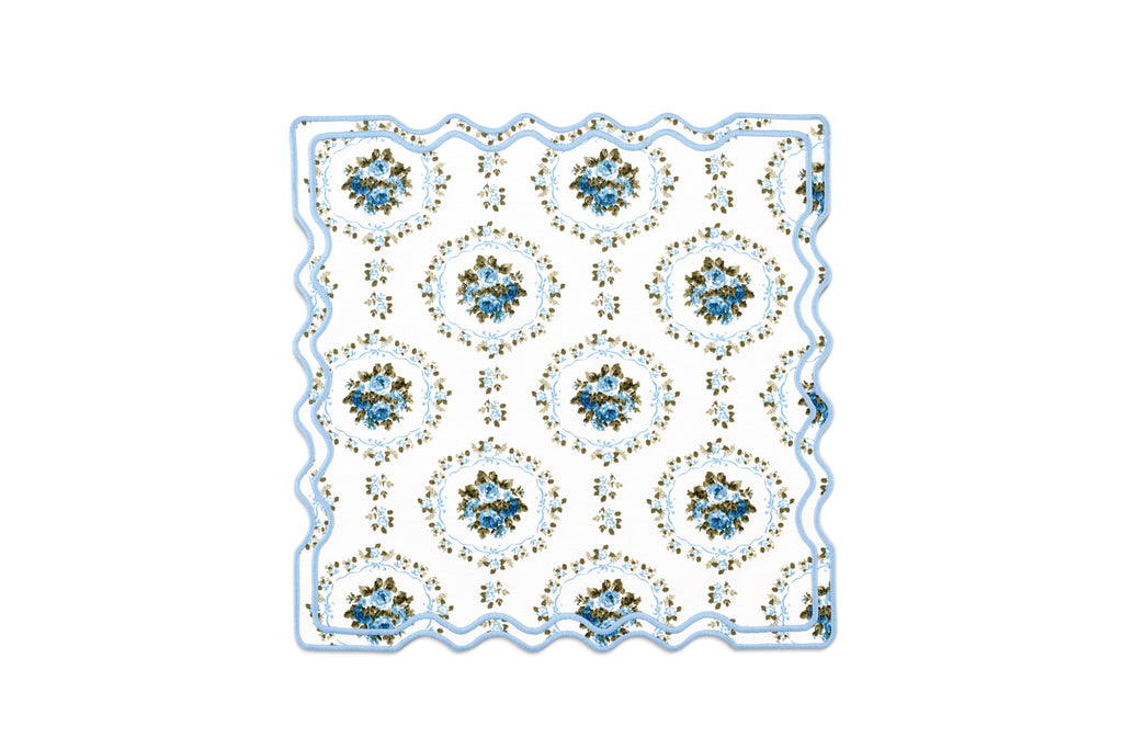 Elodie Placemat and Napkin Set with Bows and Florals in Green with Light Blue Embroidery