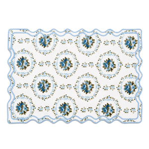 Elodie Placemat and Napkin Set with Bows and Florals in Green with Light Blue Embroidery