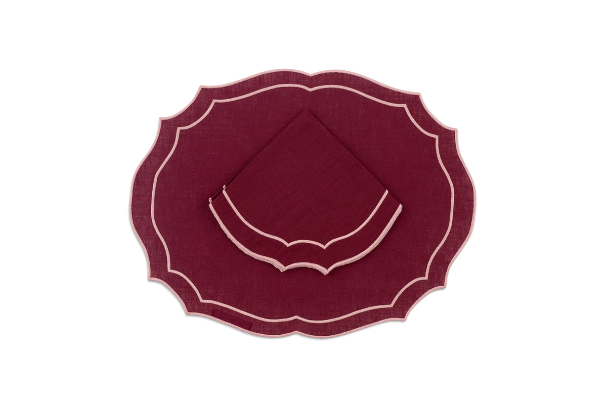 Emma Linen Placemat in Burgundy with Rose Embroidery