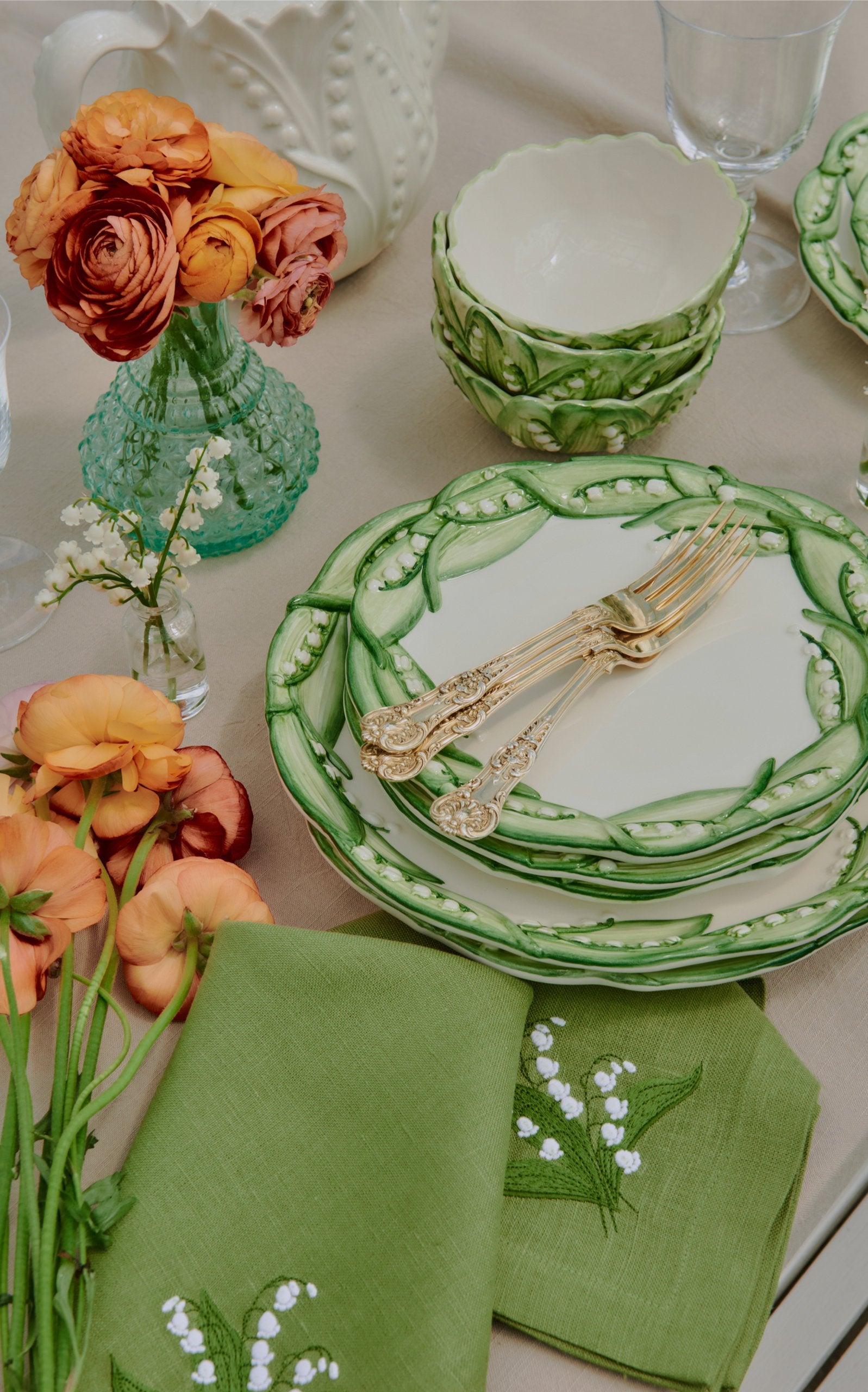 Set-of-Six Green Lily Of The Valley Ceramic Dinner Plates
