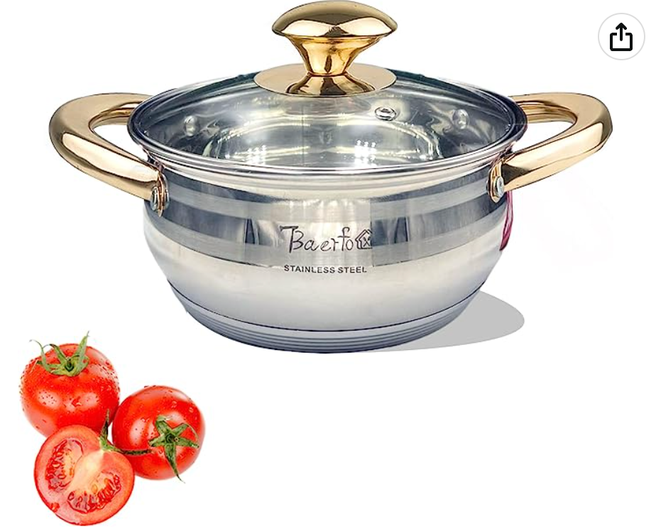 BAERFO 1.5 Quart Stock Pot,5 Ply 18/10 Stainless Steel Cooking Stock Pot with Lid, 1.5 QT Soup Pot, Healthy Stockpots, Casserole, Stew, Induction, Oven,Gas and Dishwasher Safe Pot