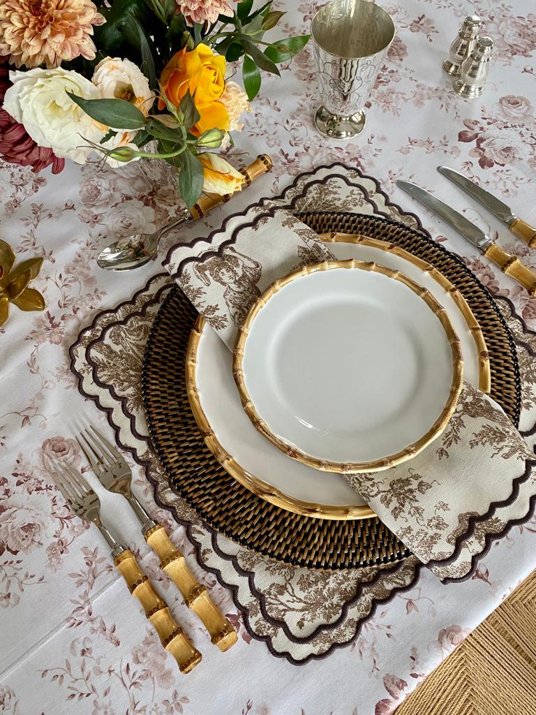 Elise Placemat and Napkin Set in Toile de Jouy Brown