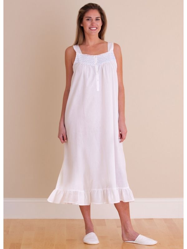 white night dress cotton Women's Cotton Victorian Nightgown, Maria Sleeveless Lace Trimmed Button Up Short Night Dress, White Floral on Gray / Medium