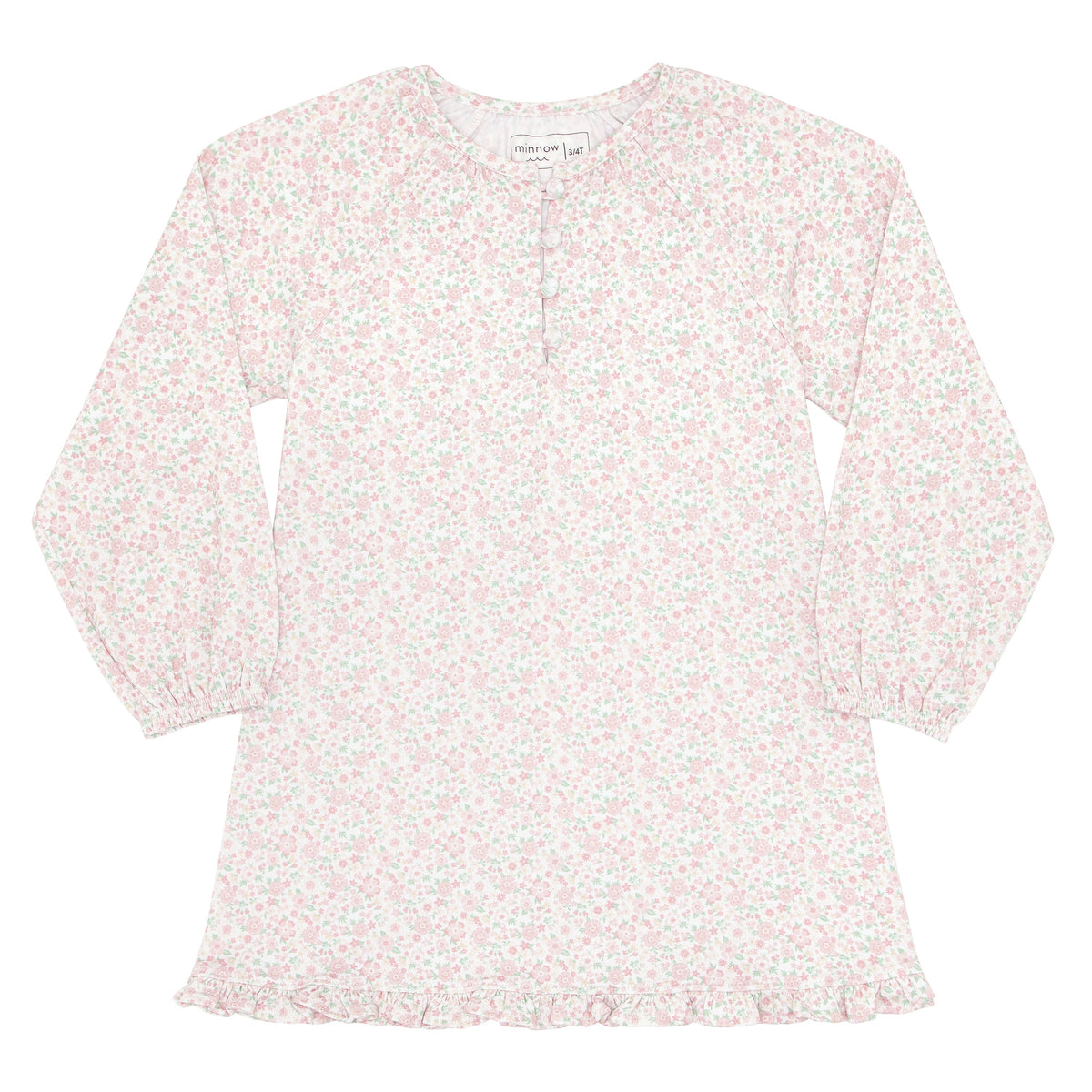 Front view of Girls Antique Floral Pima Dress showcasing floral print, three-quarter sleeves, and ruffle hem on white background