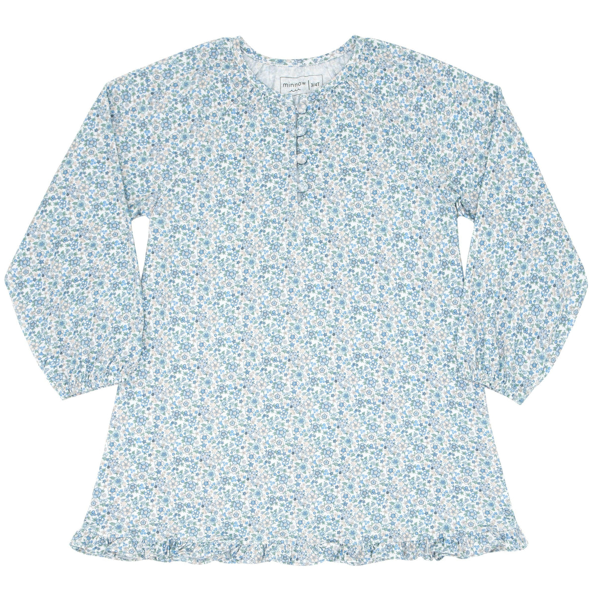 Front view of Girls Slate Floral Pima Dress showcasing floral print, three-quarter sleeves, covered buttons, and ruffle hem on white