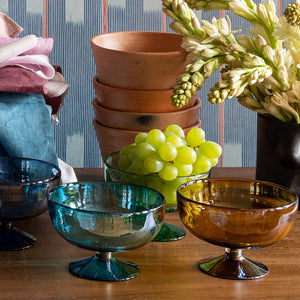 Iridescent Amber Glass Footed Bowl Tabletop Mexico 