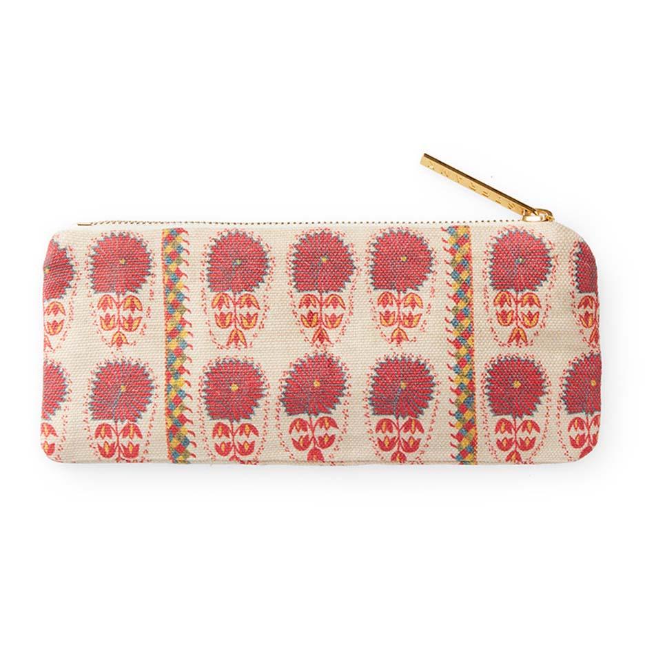 Front view of Fuchsia Daisy Suzani Slim Zip Pouch with patterned Belgian linen and gold exposed zipper on white background