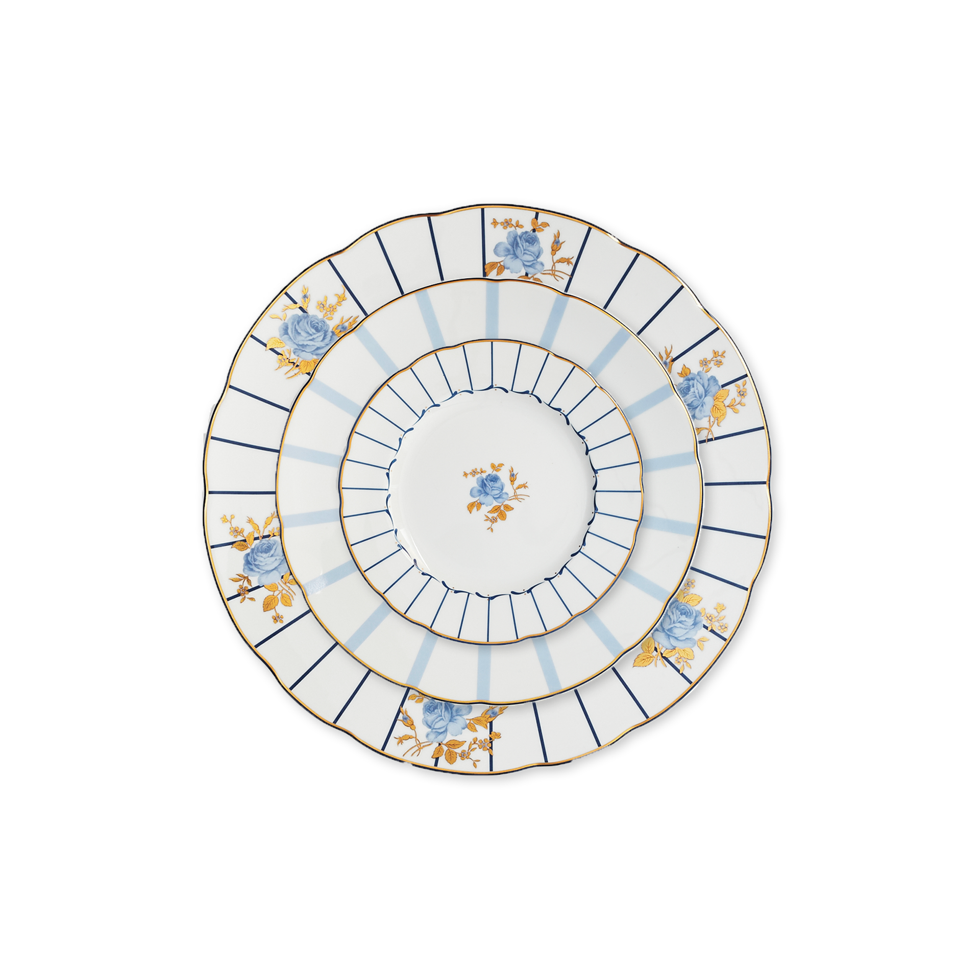 Blue Rose Set (Dinner Plate, Dessert Plate, & Bread Plate)