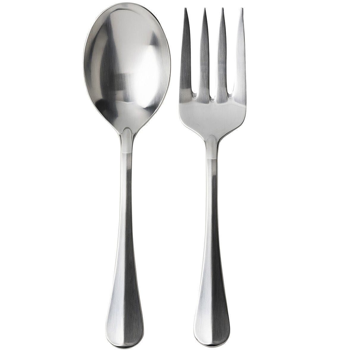 Front view of Bistro Bright Satin 2pc Hostess Set showcasing satin finish spoon and fork on white background