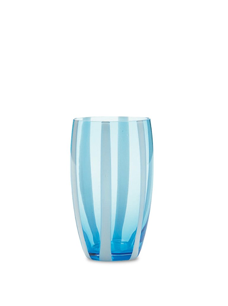 Front view of Gessato Beverage glass showcasing vertical aquamarine and transparent stripes on white background