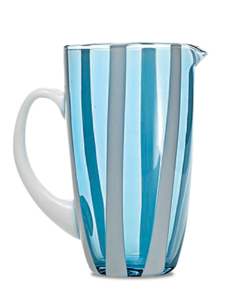 Front view of Gessato Carafe showcasing curved contrast vertical stripes in transparent glass with a white background