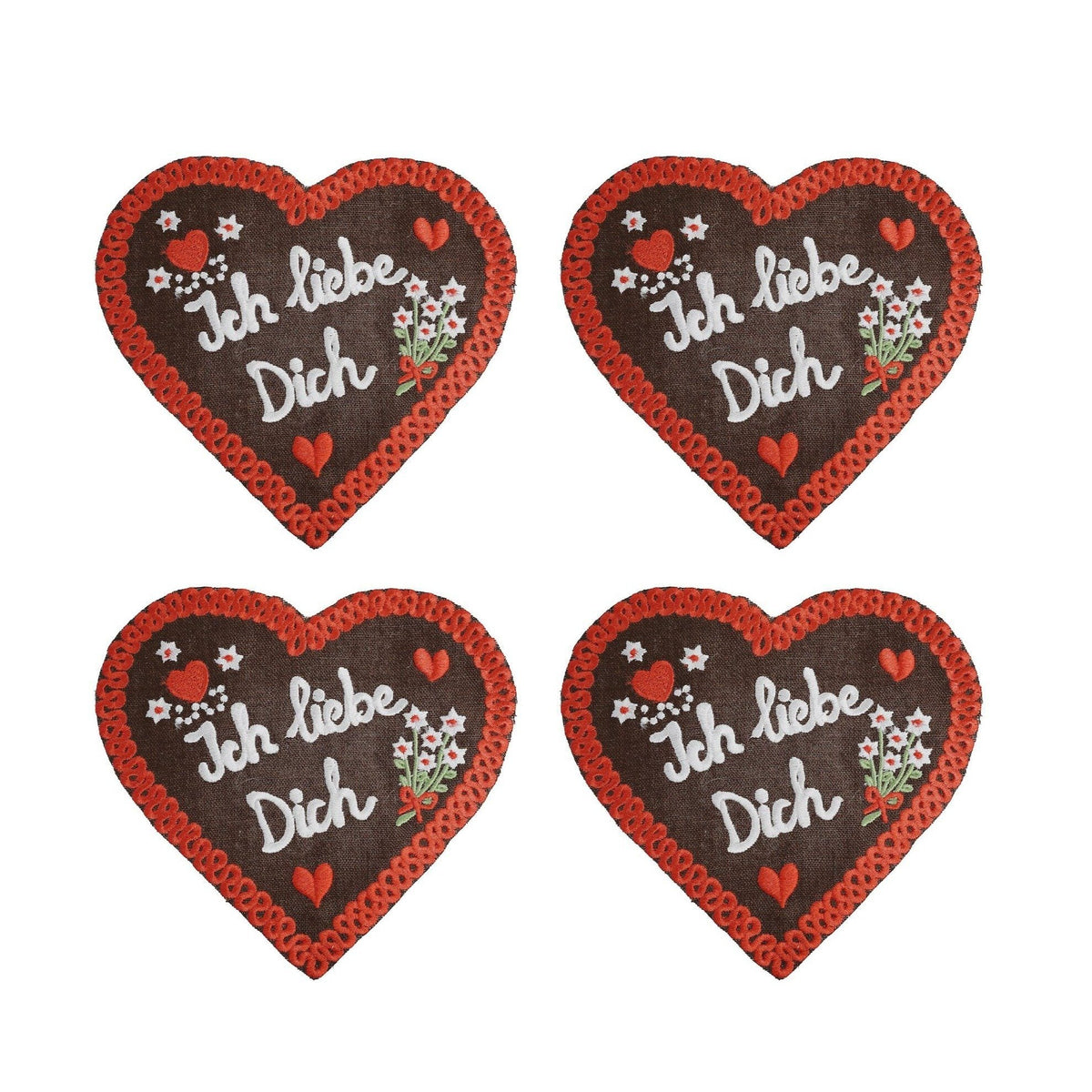 Front view of four Lebkuchenherzen cocktail napkins showcasing embroidered Ich liebe Dich text, red trim and hearts on white background