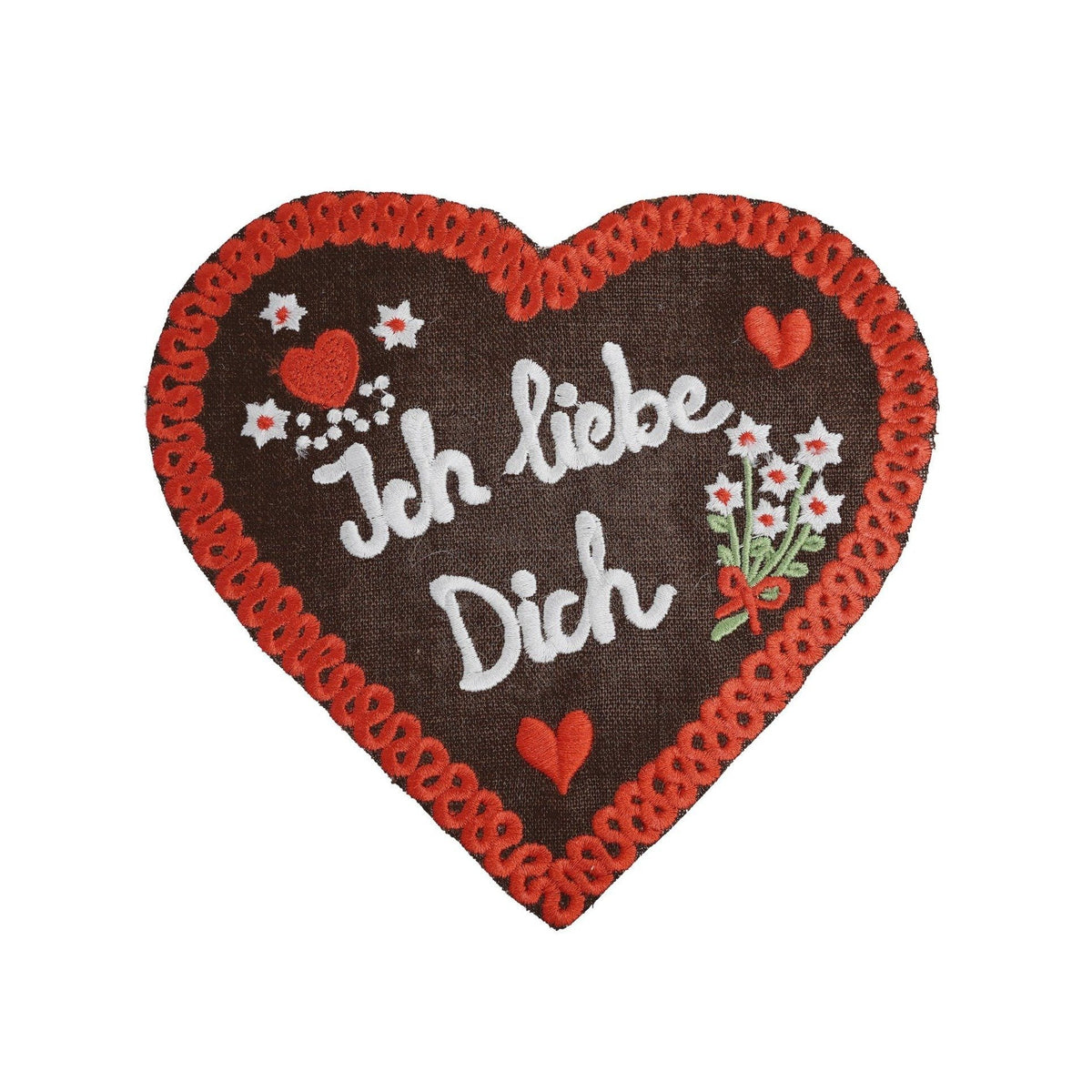 Front view of a heart-shaped Lebkuchenherzen cocktail napkin with embroidered hearts, flowers, and Für liebe Dich text