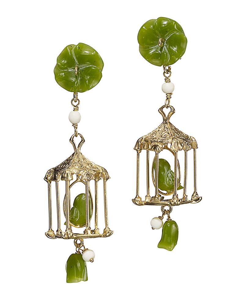 Front view of Pagoda Earrings in Jade showcasing jade and white agate birdcage charms with a white background