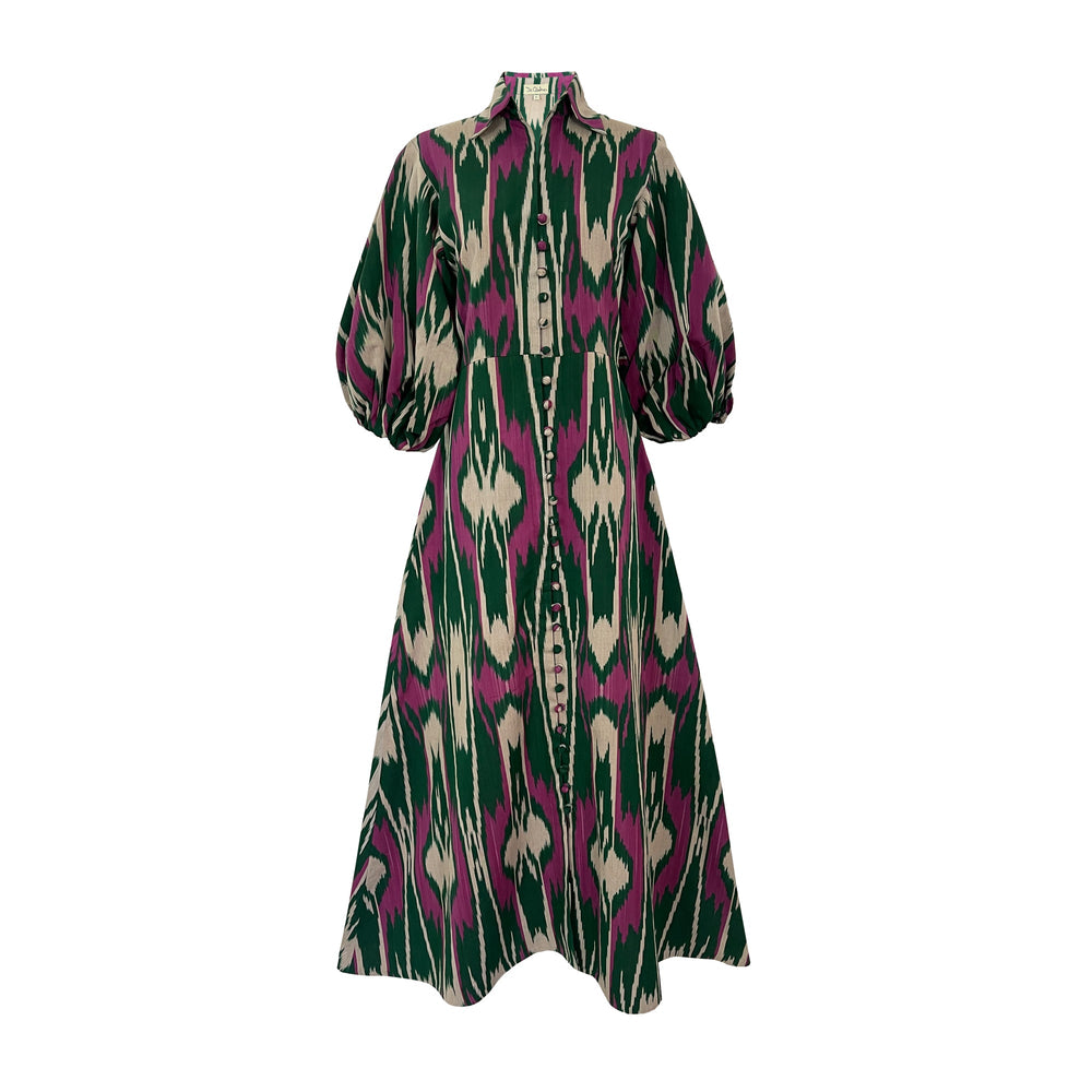 Front view of Green Jodhpur Dress showcasing handwoven silk ikat, collared neckline, balloon sleeves, and front buttons