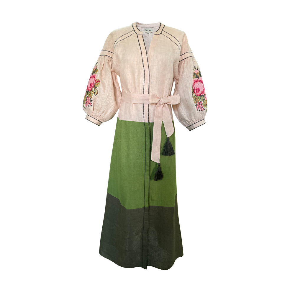 Front view of Green Lotus Dress showcasing color-blocked linen design, floral cross stitch embroidery, and waist belt on a white background