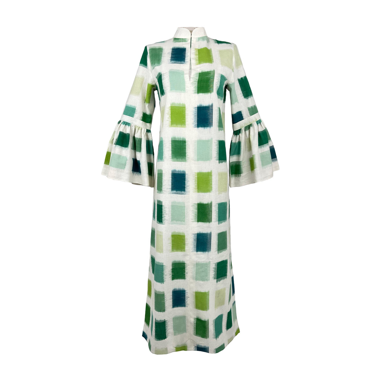 Front view of Green Parampara Dress showcasing flounce sleeves and retro print with white background