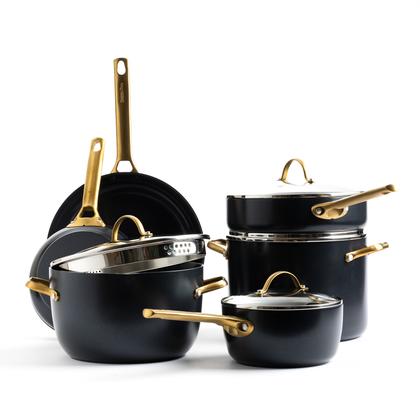 Front view of Reserve Collection Cookware 10-Piece Set in Black with gold-tone handles on white