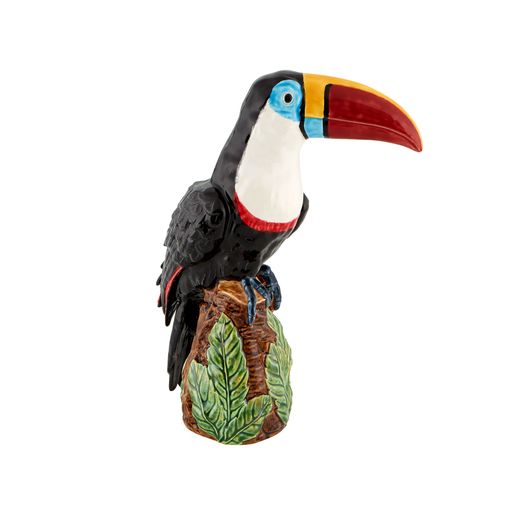 Side view of Amazonia Toucan showcasing colorful earthenware bird perched on a leafy branch with a white background