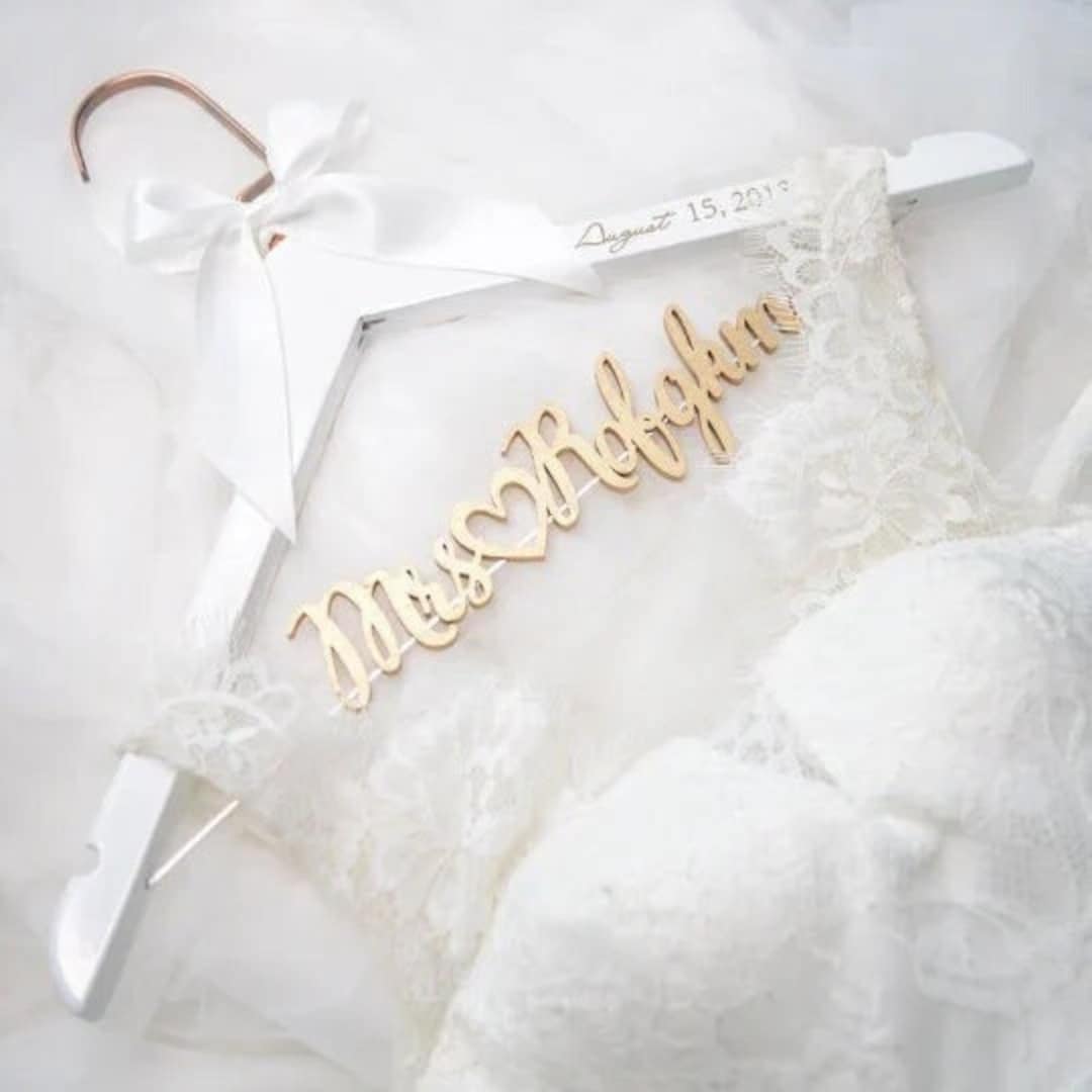 Bride to Be Wedding Dress Hanger, Name Hanger with Bow Bowtie, Personalized Bridal Party Gifts, Last Name Hanger, Hanger Engraved with Date