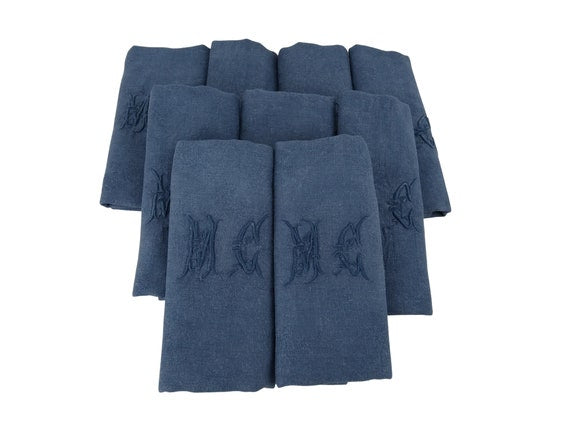 Antique French Linen Napkins, Set of 9, Dark Blue Monogram Serviettes with Embroidered Initials M C
