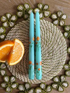 Teal California Poppy Hand-Painted Taper Candles, Set of Two