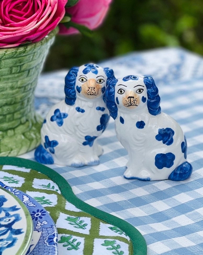 Blue and white Staffordshire dog salt and pepper shakers