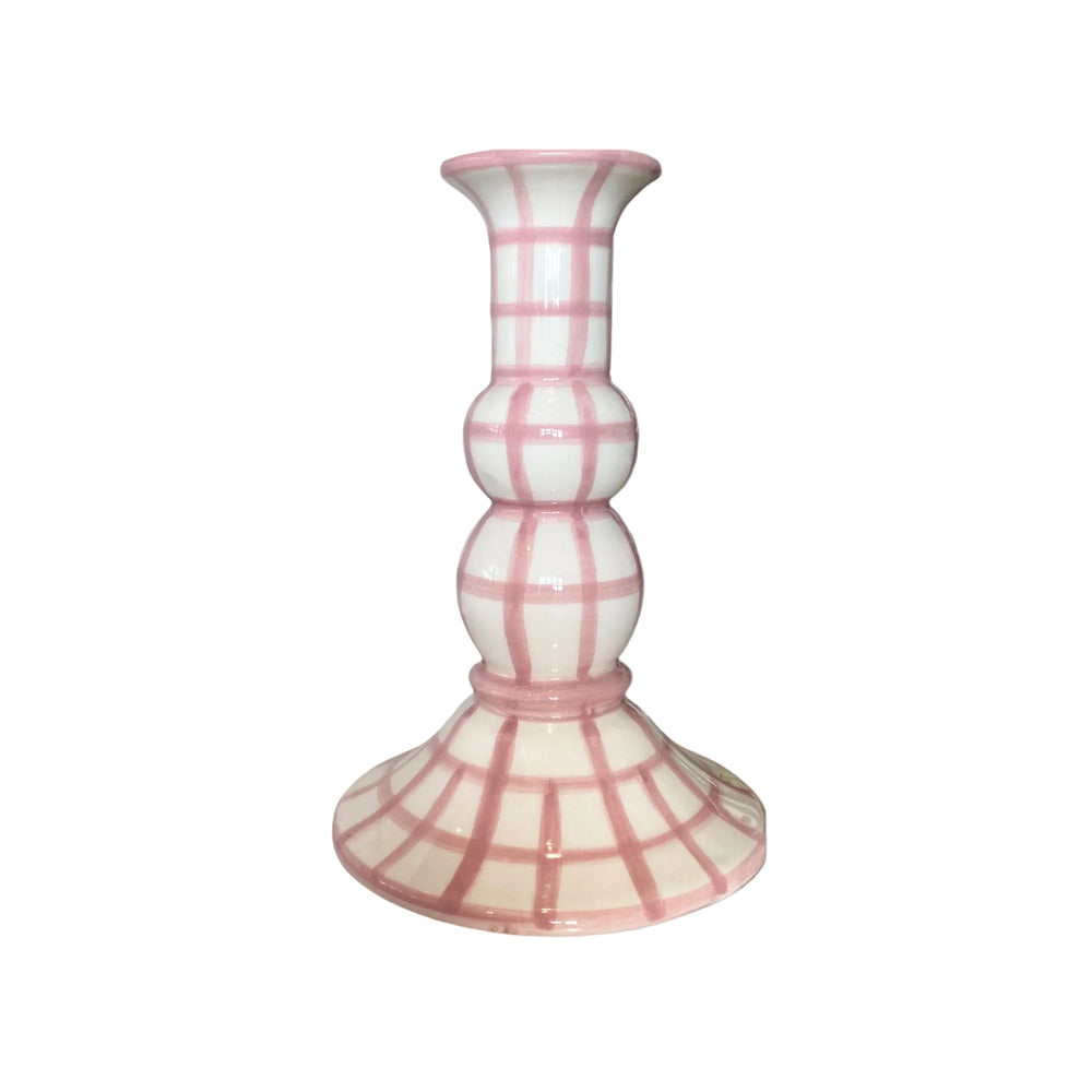 Front view of Lumiere Gingham candle holder showcasing pink gingham pattern on glossy white ceramic against a white background