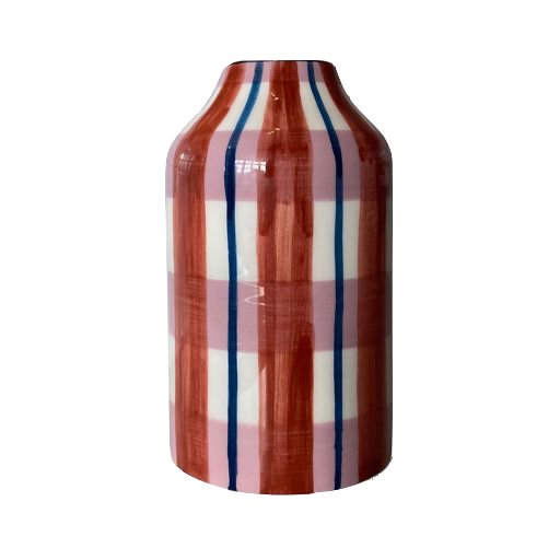 Front view of Genie In A Bottle Deco Vase showcasing hand-painted lilac, rust, and Capri blue madras pattern on a plain background