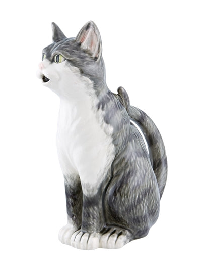 Front three-quarter view of Pitchers Cat showcasing its gray and white cat-shaped pitcher design on a white background