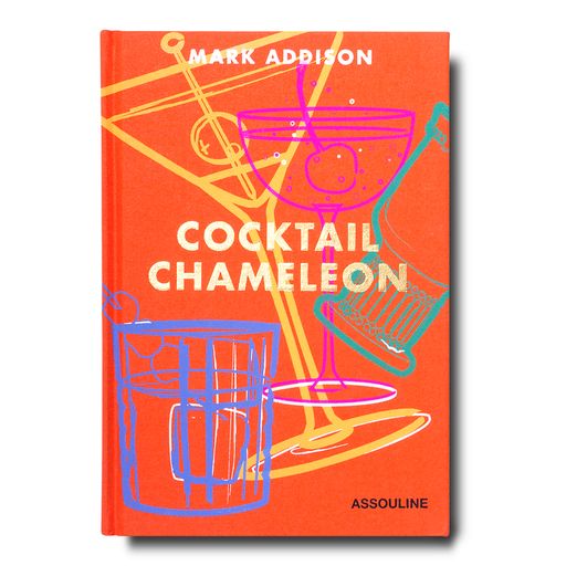 Front of Cocktail Chameleon book showing orange cover with cocktail glass illustrations, Mark Addison, Assouline logo